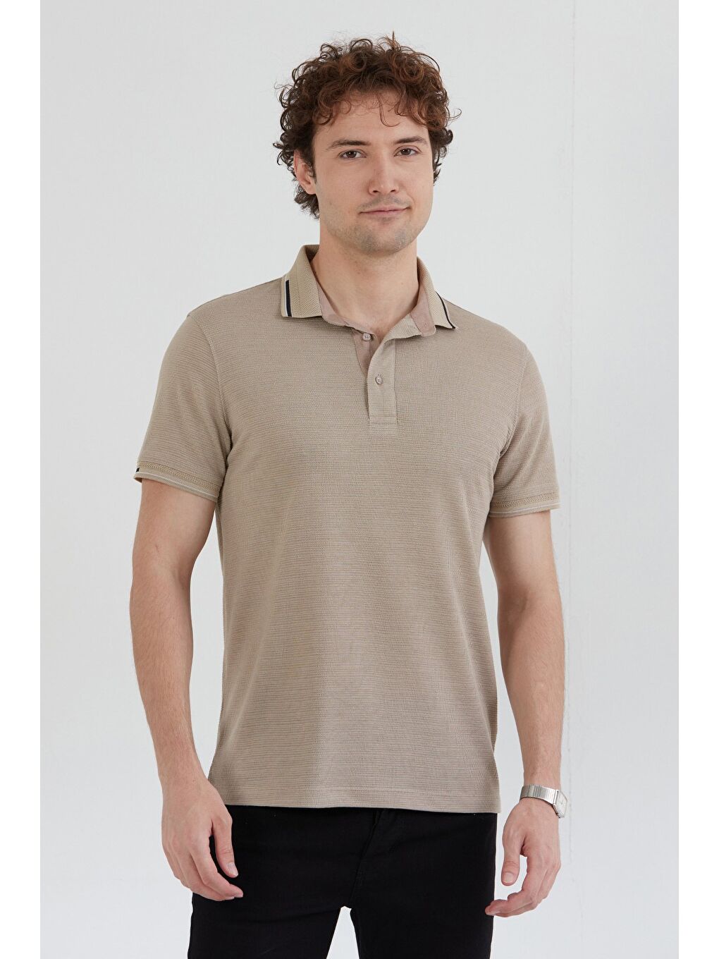Bej Basic Yarım Düğmeli Polo Yaka Slim Fit Tişört