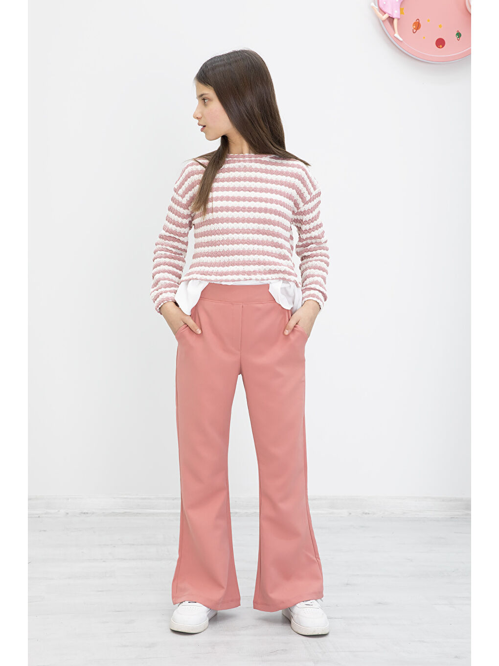 Pembe Çizgili Bluzlu İspanyol Paça Pantolonlu Kız Çocuk 2li Takım 19987-2