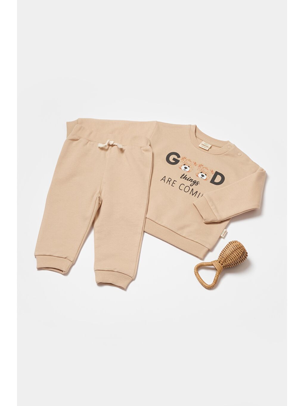 Unisex Bebek Bej Pamuklu Sweatshirt Ve Eşofman Altı Takımı