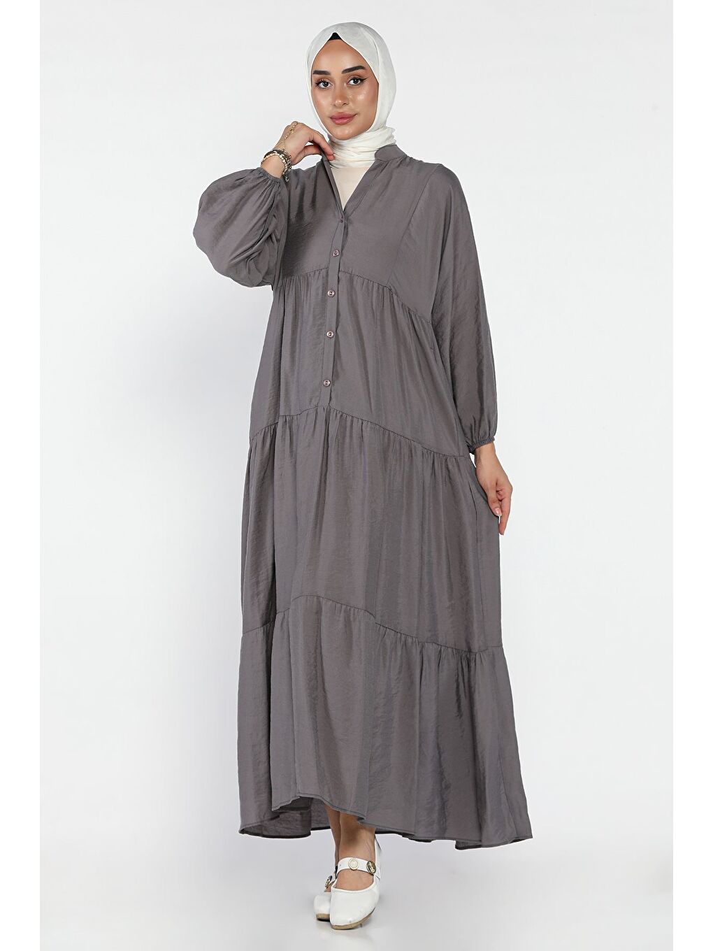 Antrasit Ön Düğmeli Dökümlü Mevsimlik Tesettür Elbise-3