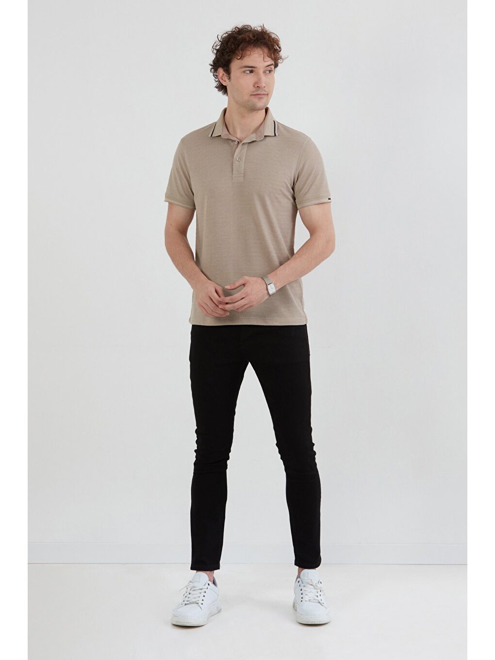 Bej Basic Yarım Düğmeli Polo Yaka Slim Fit Tişört-1
