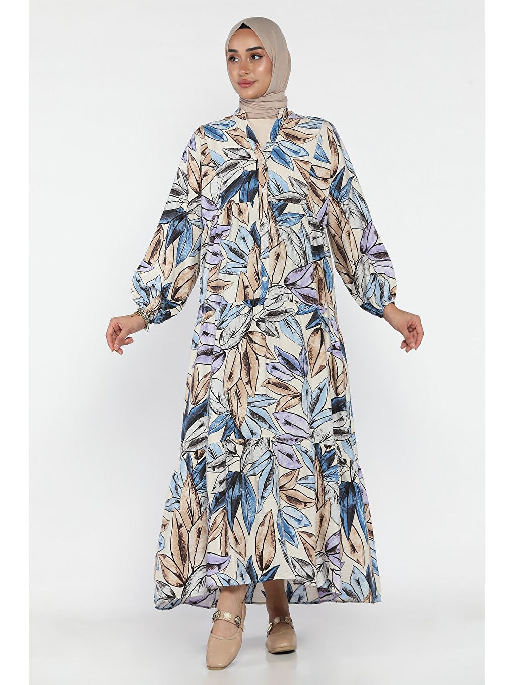 Bej Desenli Ön Düğmeli Mevsimlik Tesettür Elbise