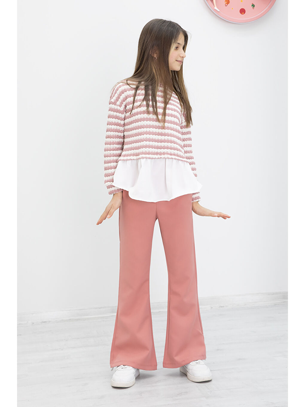 Pembe Çizgili Bluzlu İspanyol Paça Pantolonlu Kız Çocuk 2li Takım 19987-3