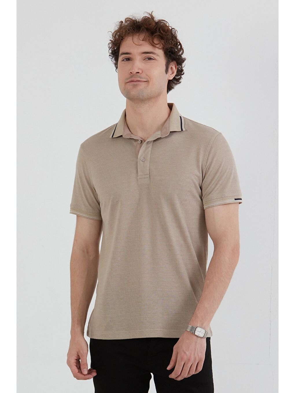 Bej Basic Yarım Düğmeli Polo Yaka Slim Fit Tişört-2