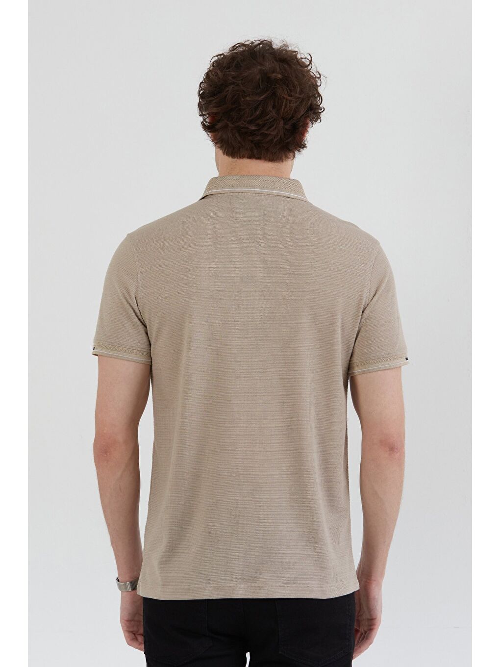 Bej Basic Yarım Düğmeli Polo Yaka Slim Fit Tişört-3