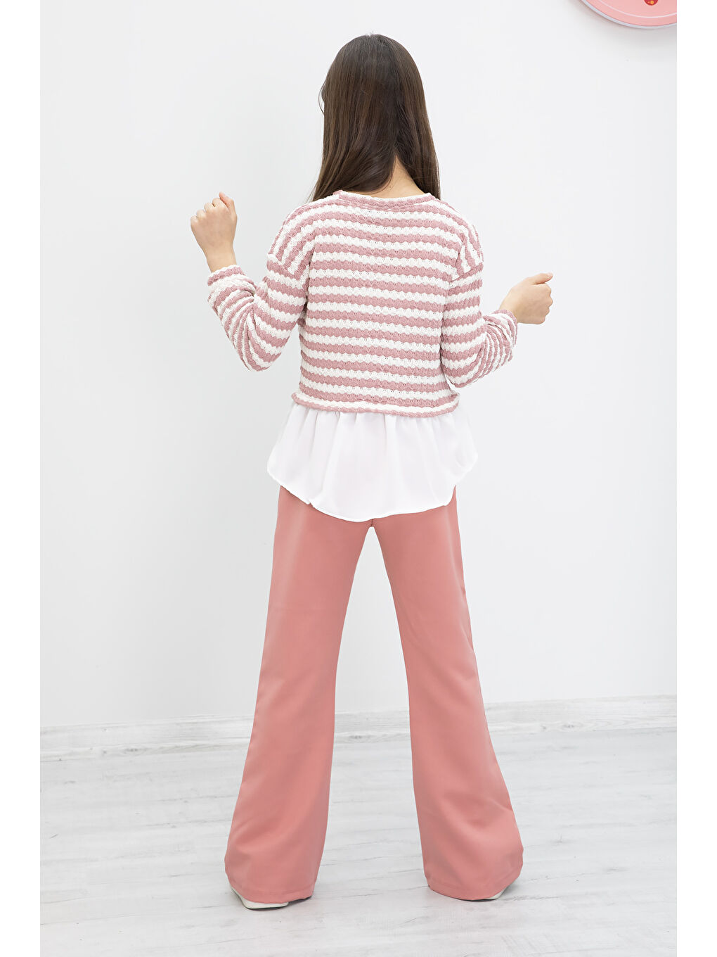 Pembe Çizgili Bluzlu İspanyol Paça Pantolonlu Kız Çocuk 2li Takım 19987-4