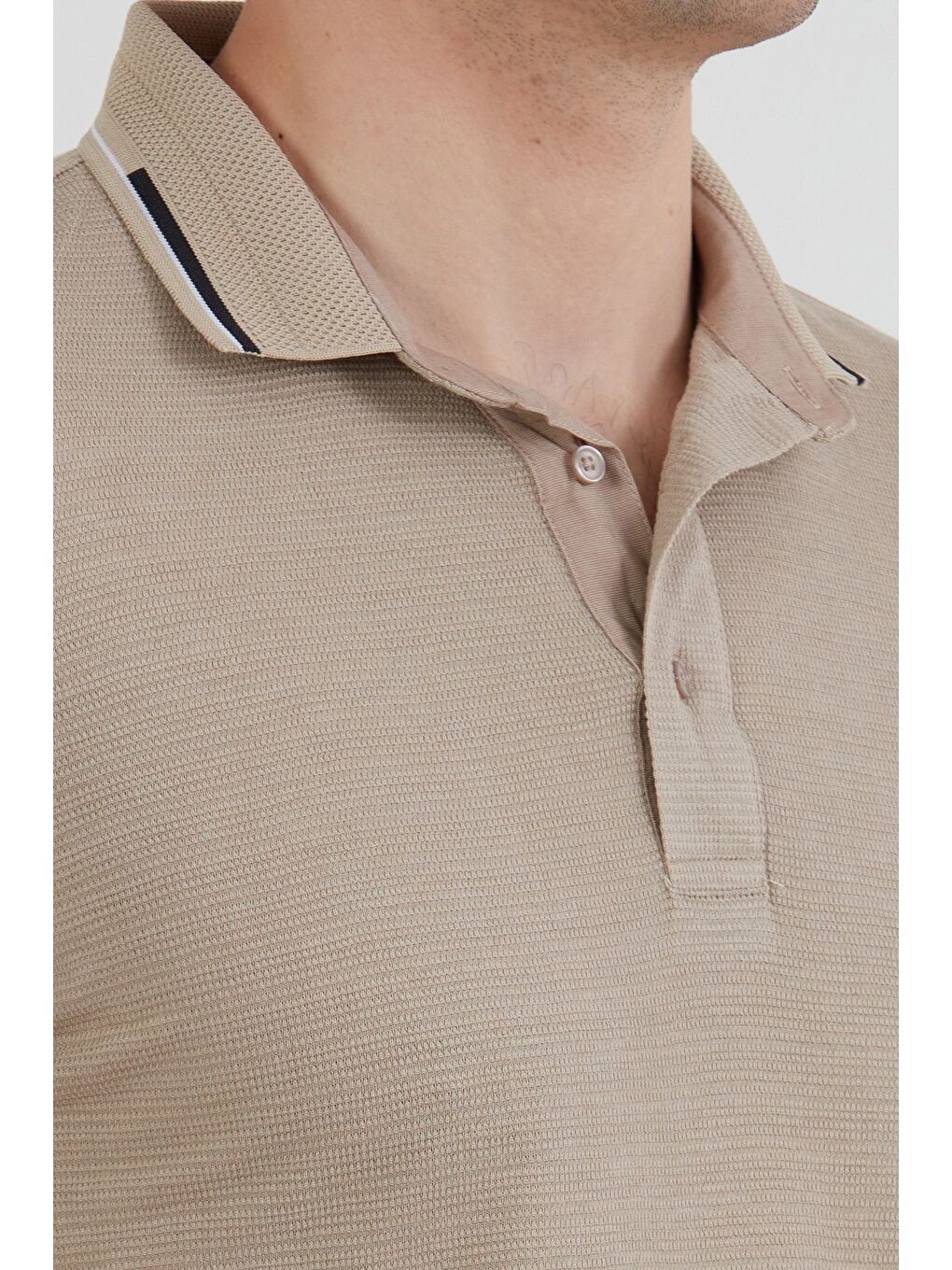 Bej Basic Yarım Düğmeli Polo Yaka Slim Fit Tişört-4