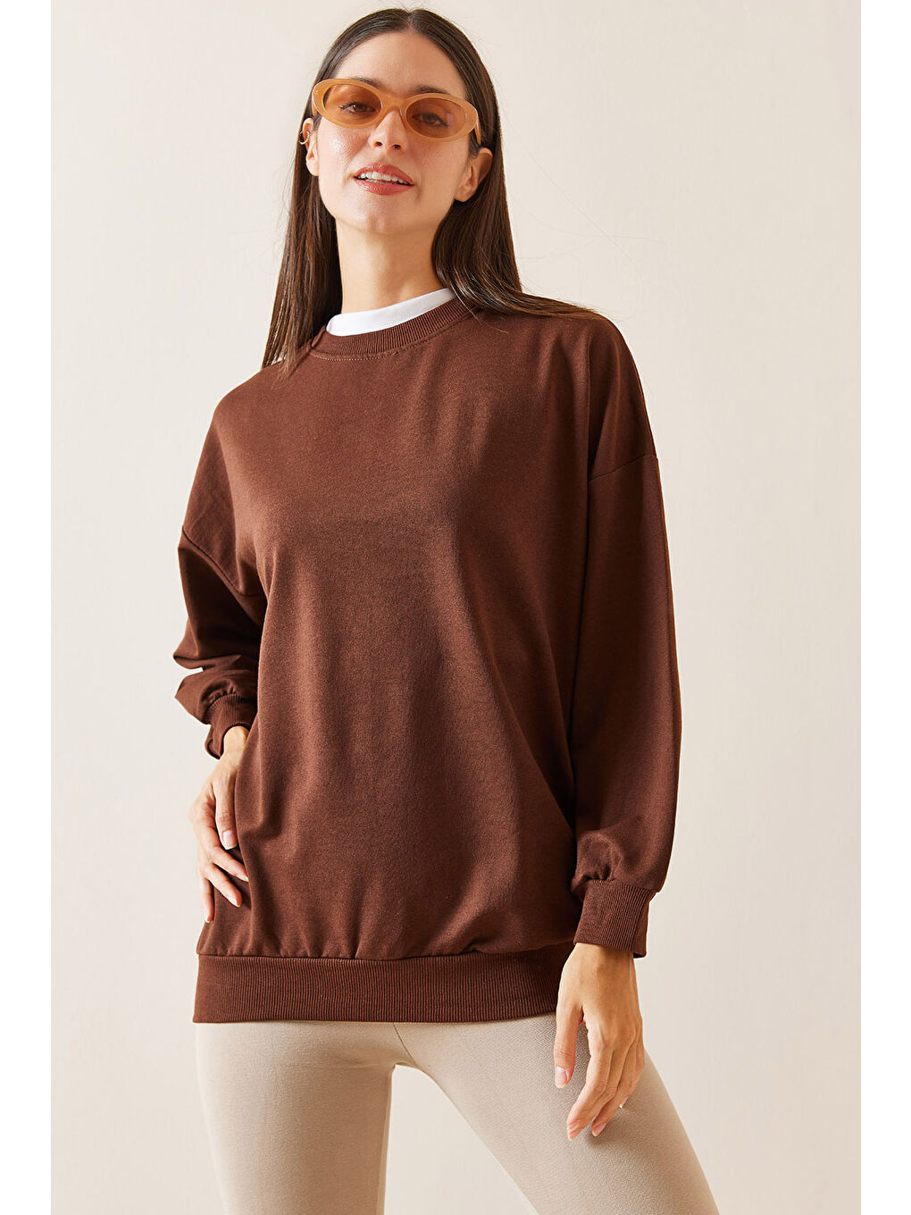 XHAN Kahverengi Bisiklet Yaka Sweatshirt 5YXK8-48918-18