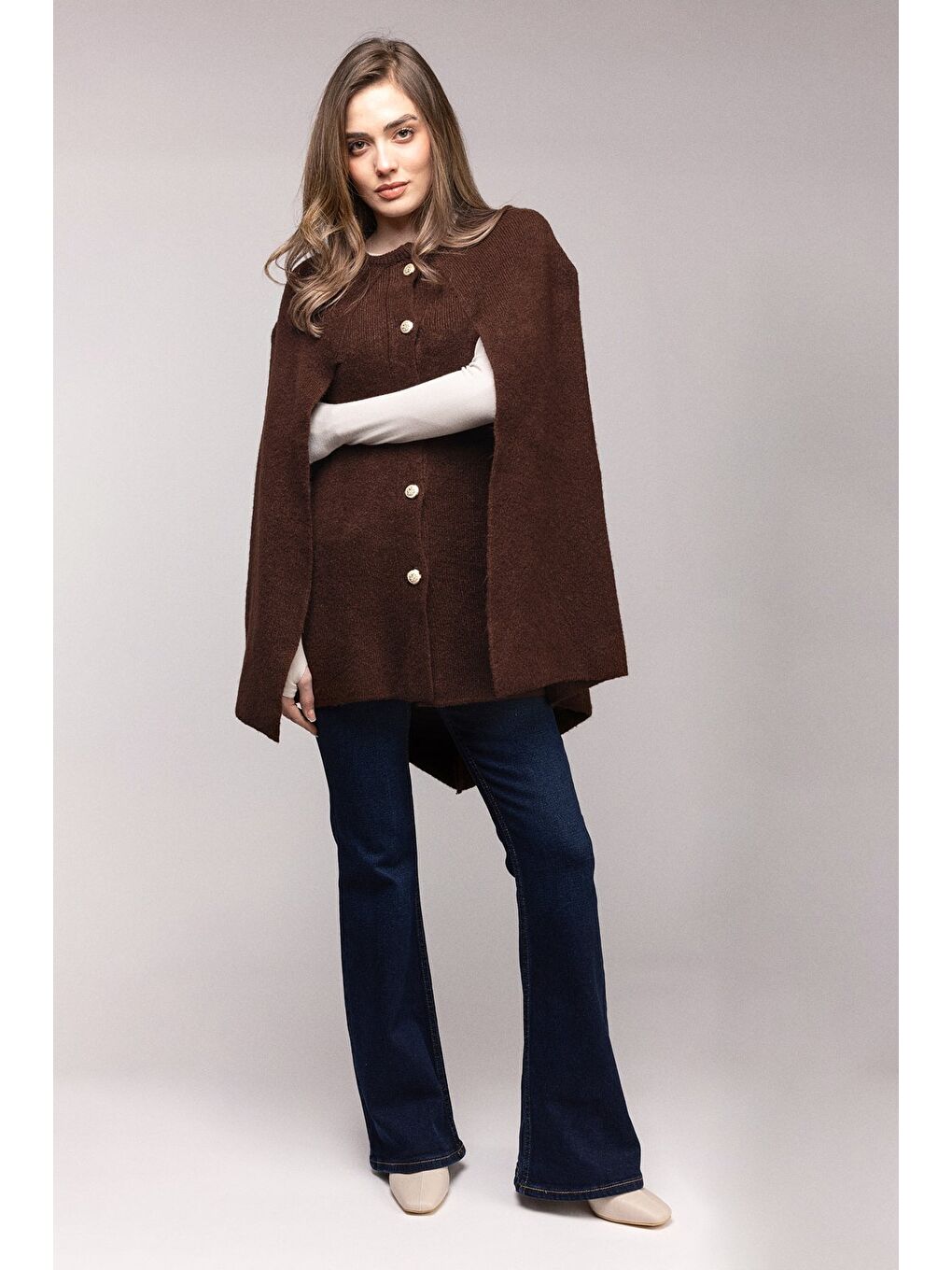 Kahverengi Bisiklet Yaka Gold Düğmeli Panço-Pelerin-2