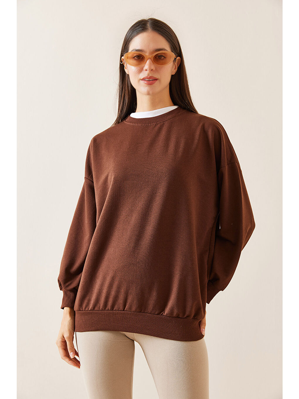 XHAN Kahverengi Bisiklet Yaka Sweatshirt 5YXK8-48918-18 - 1