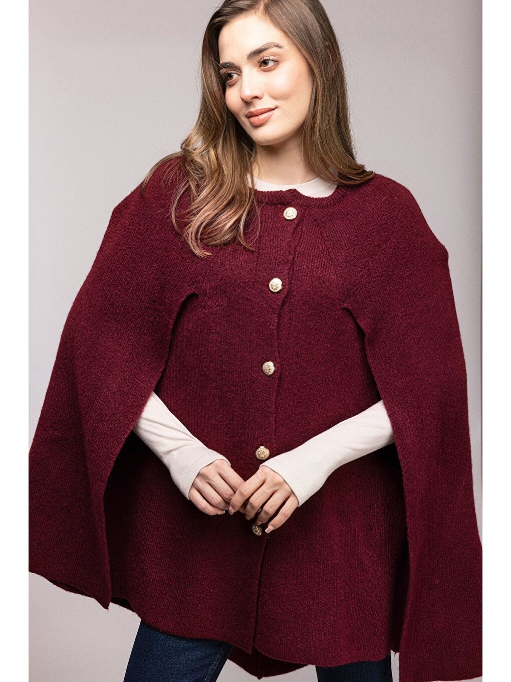 Bordo Bisiklet Yaka Gold Düğmeli Panço-Pelerin-1