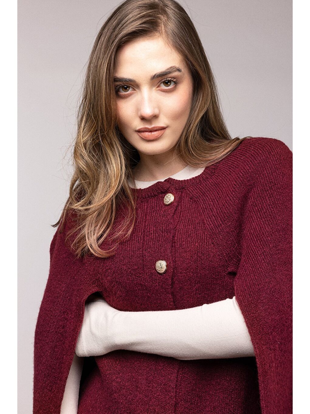 Bordo Bisiklet Yaka Gold Düğmeli Panço-Pelerin-2