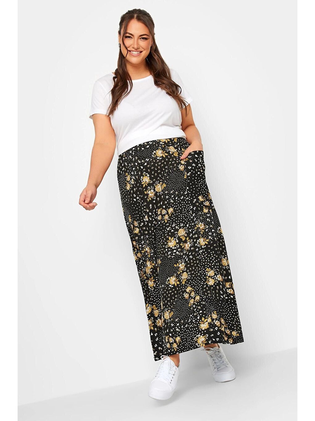 Siyah Büyük Beden Cep Detaylı Desenli Beli Lastikli Uzun Kesim Etek 302288-3