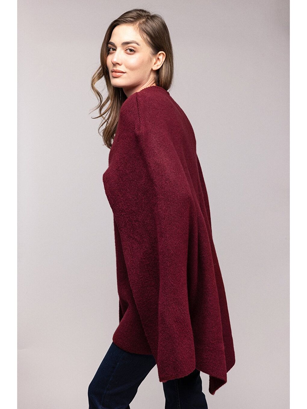 Bordo Bisiklet Yaka Gold Düğmeli Panço-Pelerin-4