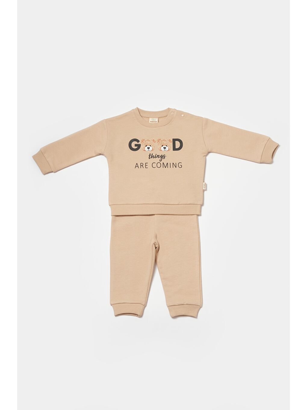 Unisex Bebek Bej Pamuklu Sweatshirt Ve Eşofman Altı Takımı-1
