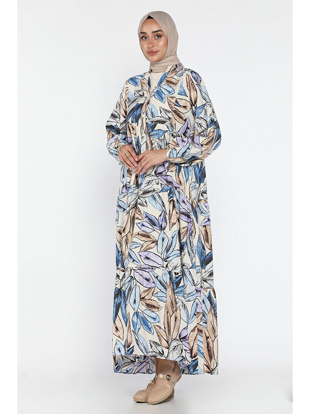 Bej Desenli Ön Düğmeli Mevsimlik Tesettür Elbise-3