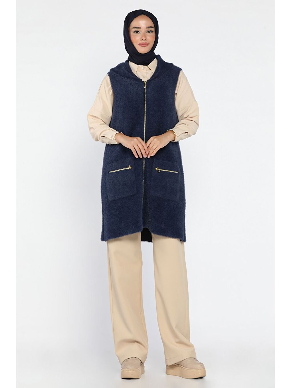 Lacivert Kolsuz Fermuarlı Yumoş Tesettür Triko Yelek (s,m,l,xl Uyumludur)