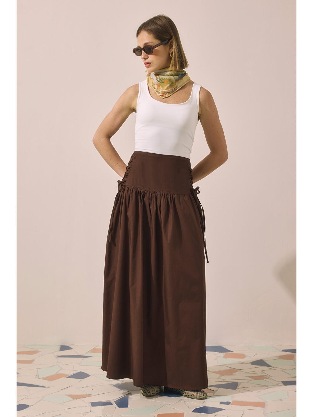 Kahverengi Bağlama Detaylı Poplin Etek Acı Kahve-1