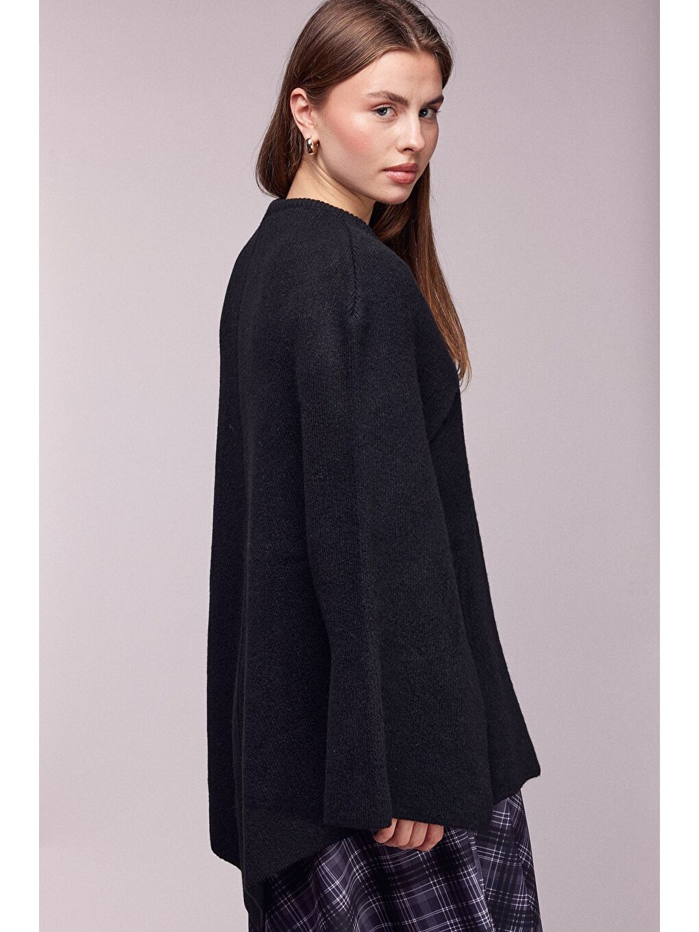 Siyah Bisiklet Yaka Gold Düğmeli Panço-Pelerin-4