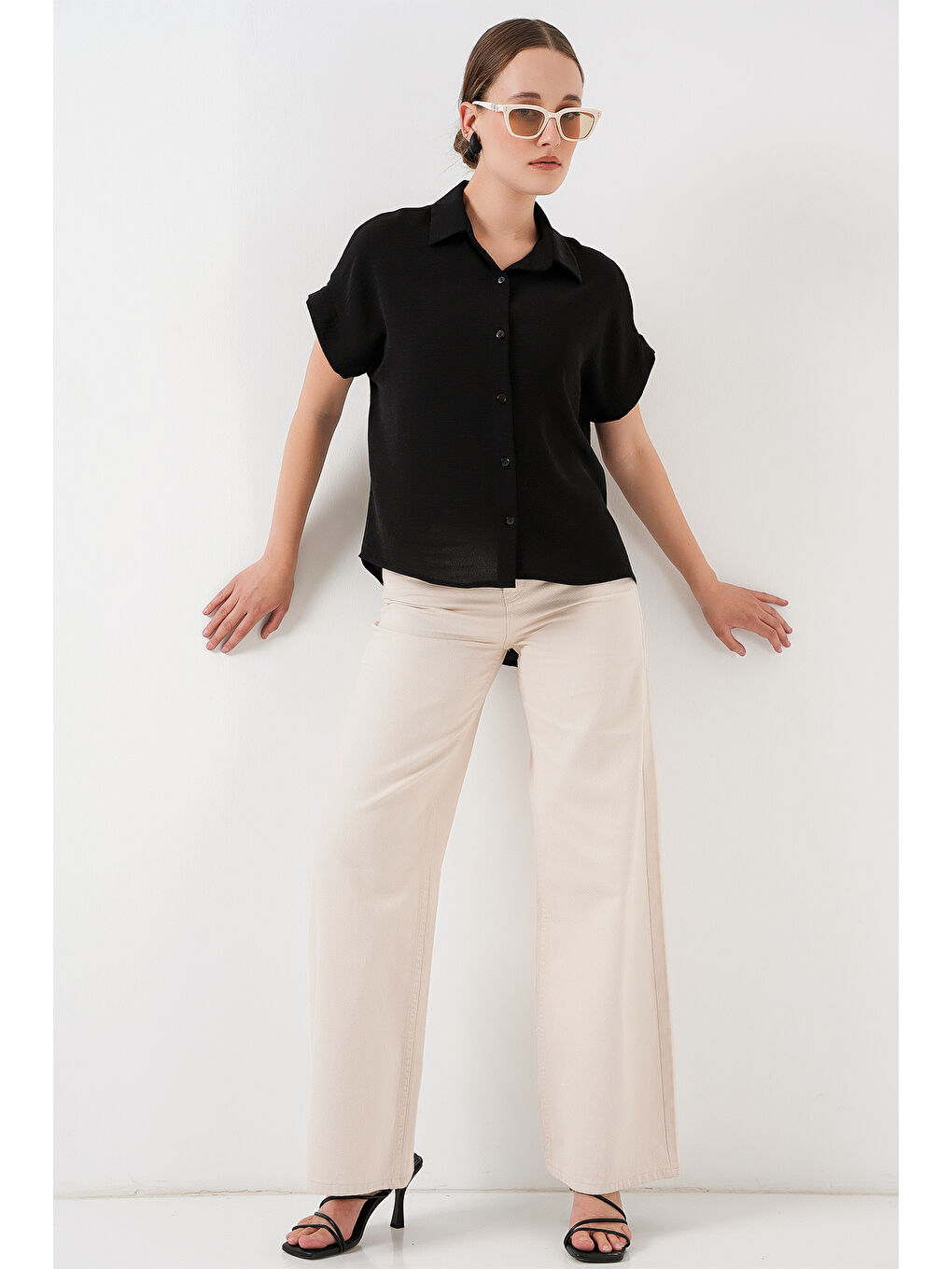 Kadın Oversize Kısa Kol Gömlek 20322 - Siyah-1