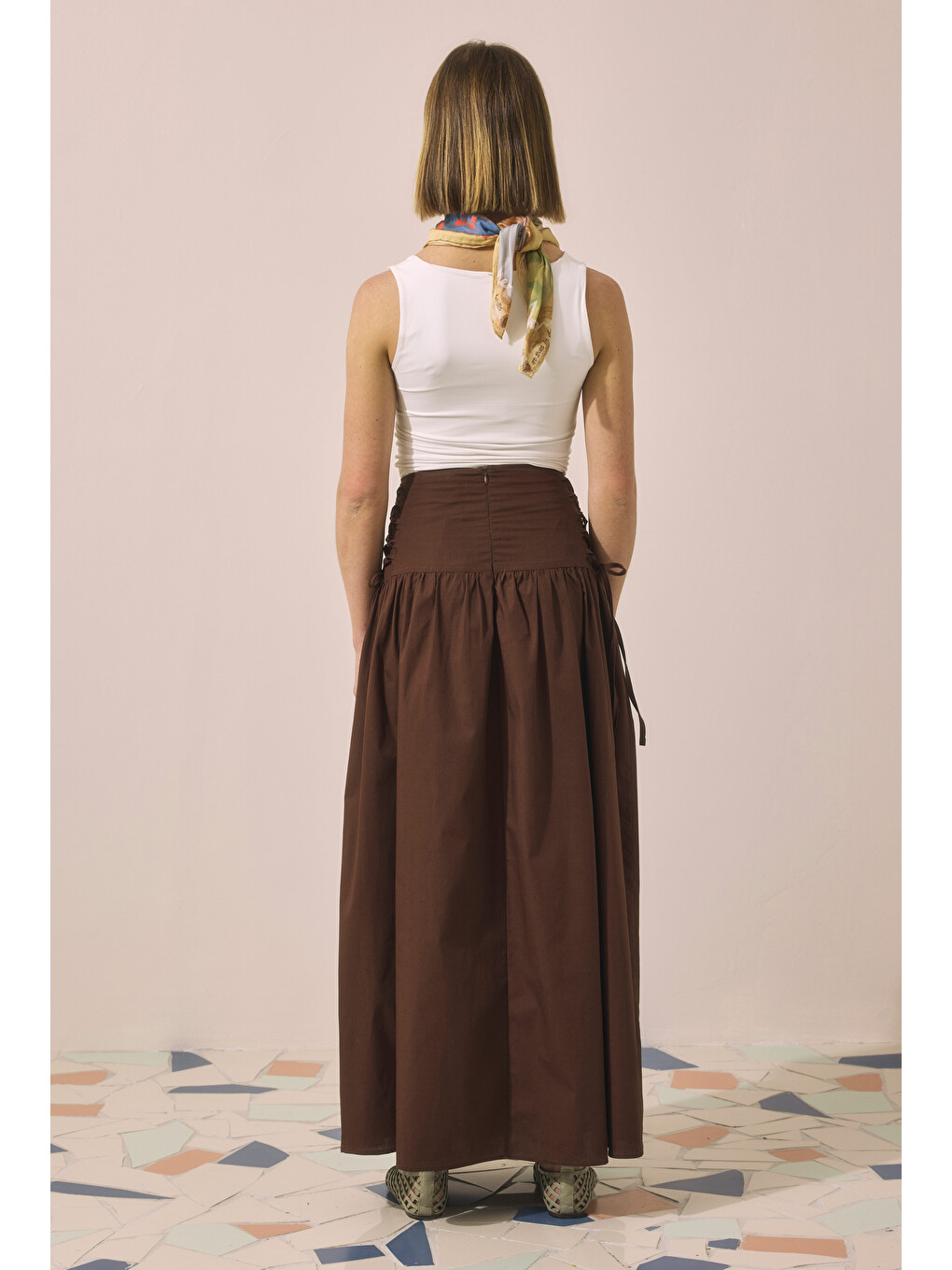 Kahverengi Bağlama Detaylı Poplin Etek Acı Kahve-4