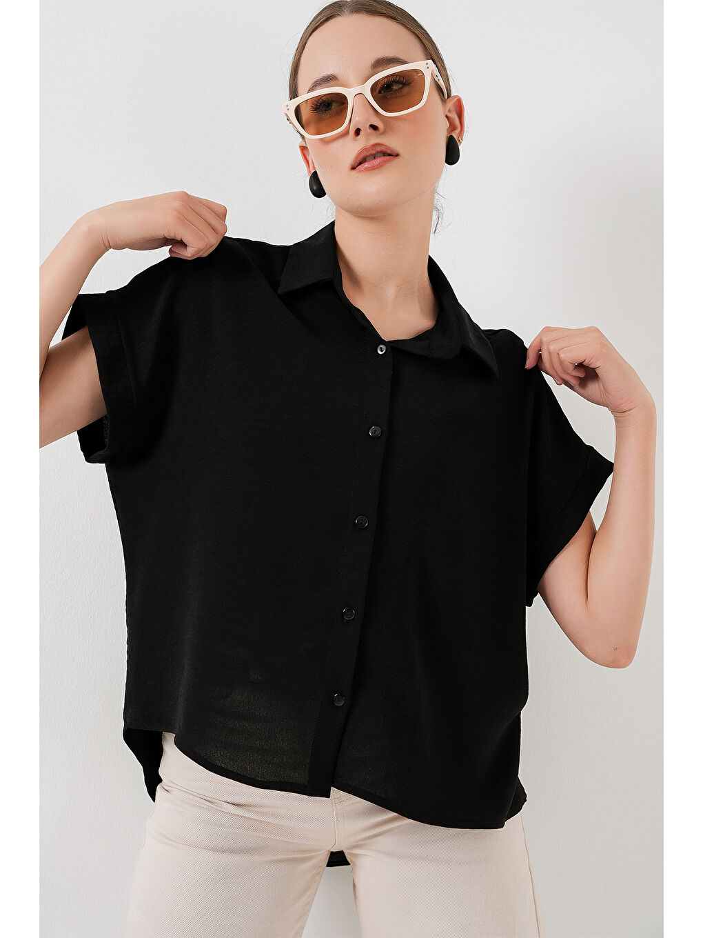 Kadın Oversize Kısa Kol Gömlek 20322 - Siyah-2