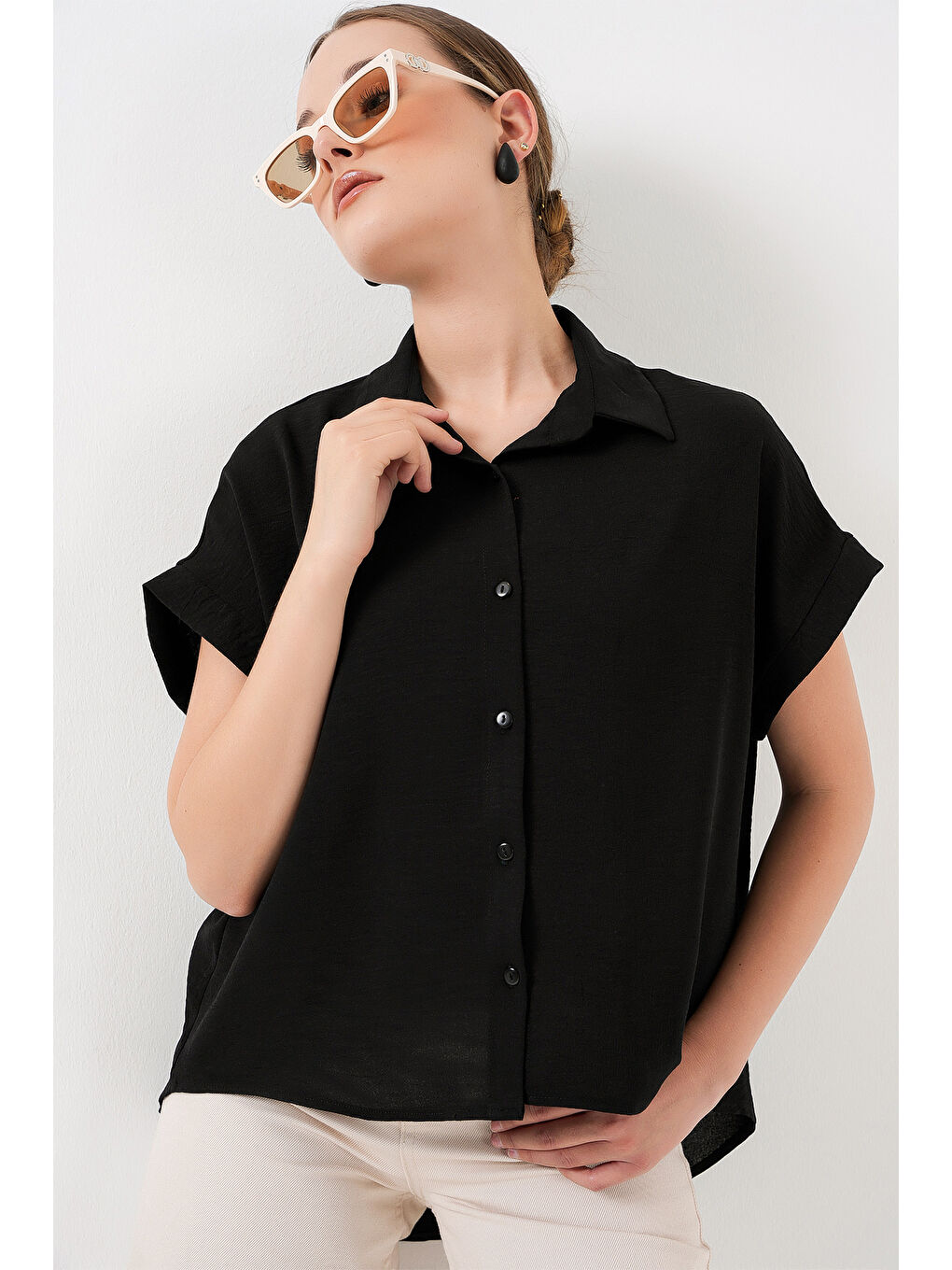 Kadın Oversize Kısa Kol Gömlek 20322 - Siyah-3