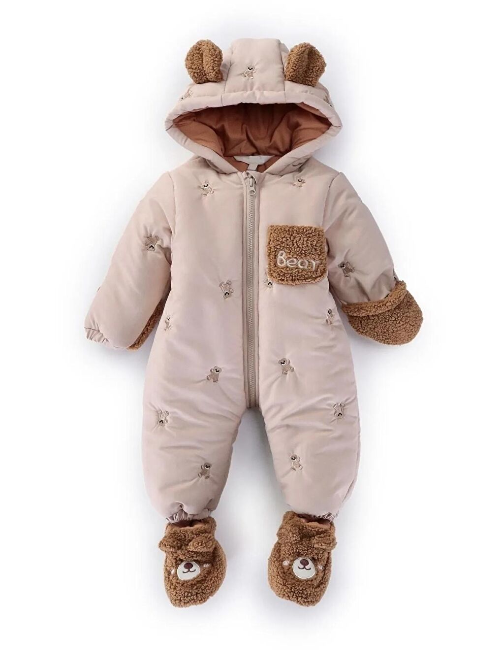 Karışık Erkek Bebek Ayıcık Desenli Kapüşonlu Eldivenli Patikli Kozmonot-Astronot Tulum