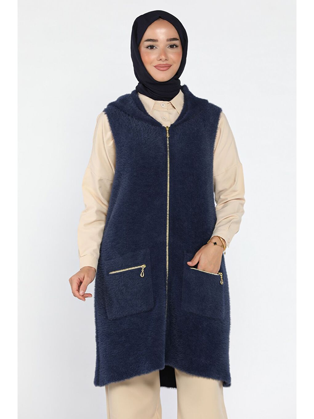 Lacivert Kolsuz Fermuarlı Yumoş Tesettür Triko Yelek (s,m,l,xl Uyumludur)-3