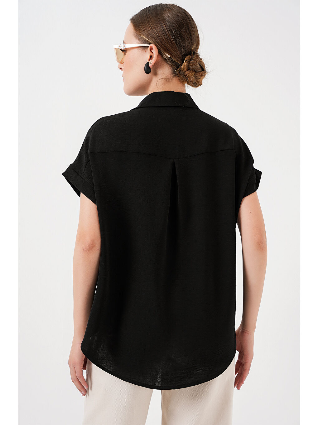 Kadın Oversize Kısa Kol Gömlek 20322 - Siyah-5