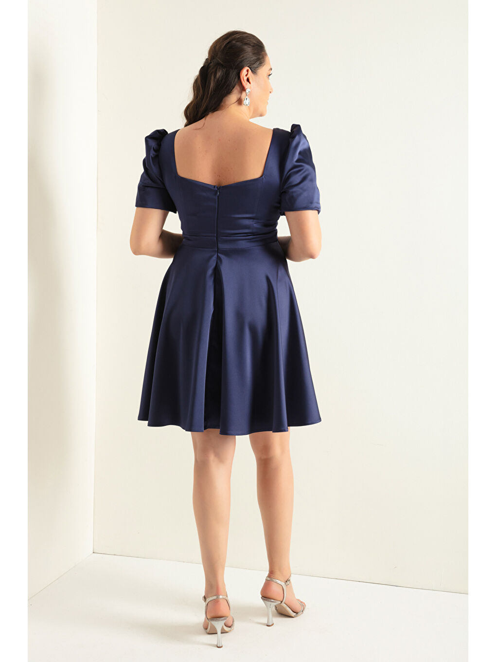 Kadın Lacivert Balon Kol Kloş Kesim Mini Büyük Beden Saten Abiye Elbise-4