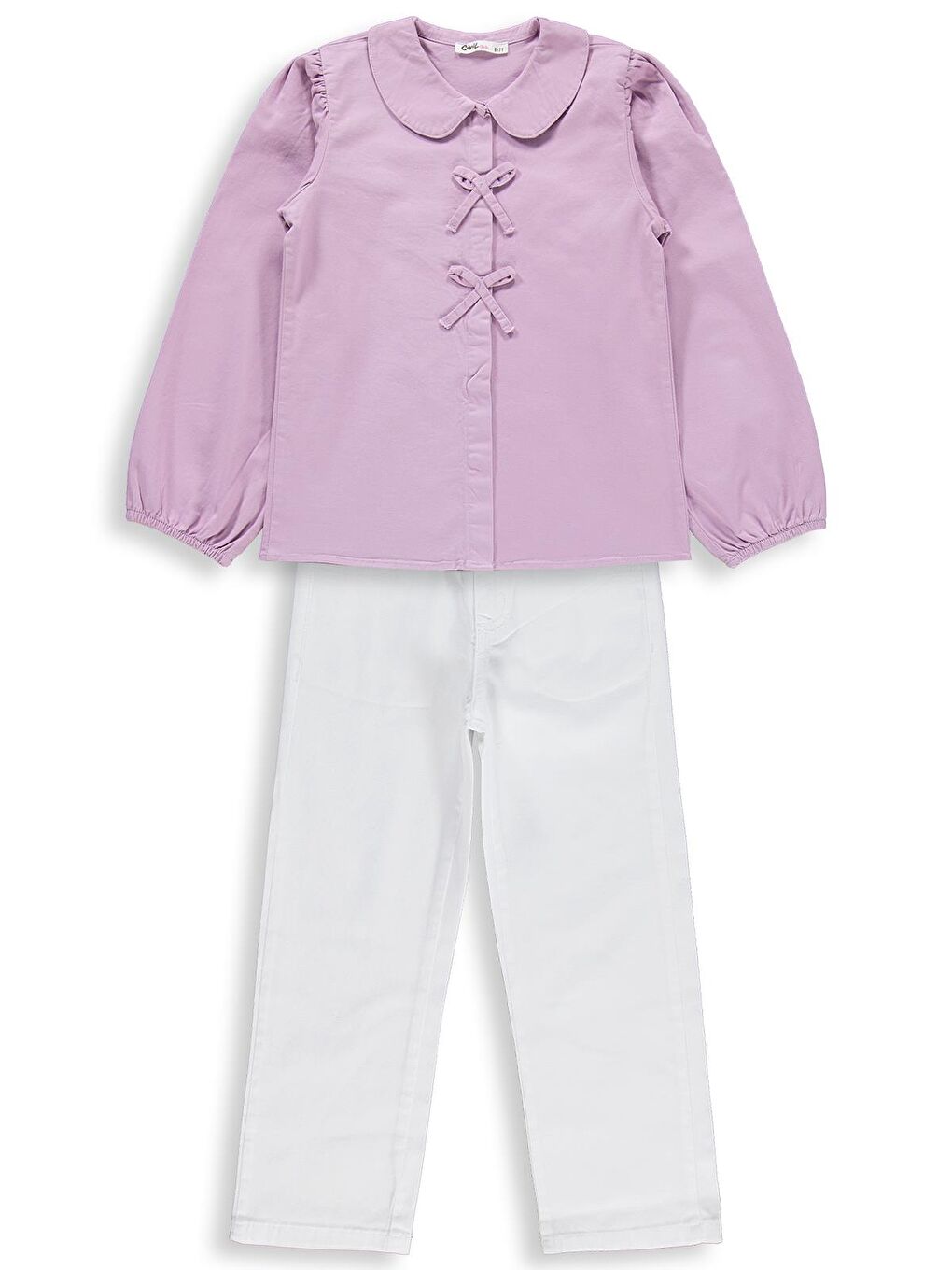 Girls Fiyonklu Gömlek Pantolon İkili 6-9 Yaş Takım - Lila
