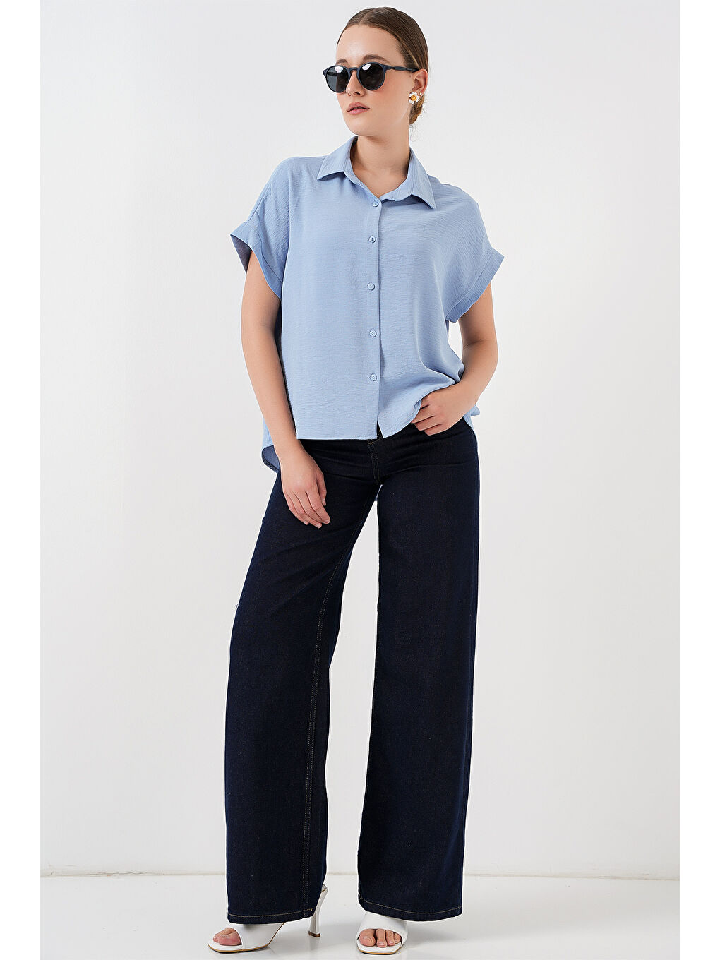 Kadın Oversize Kısa Kol Gömlek 20322 - Mavi-1
