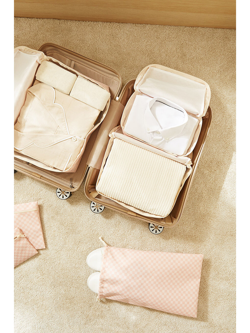 6'lı Pembe Dama Desen Pamuklu Bavul İçi Düzenleyici Set-2