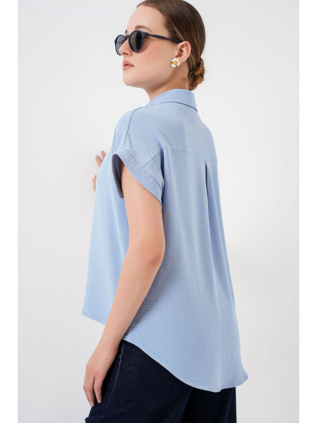 Kadın Oversize Kısa Kol Gömlek 20322 - Mavi-2