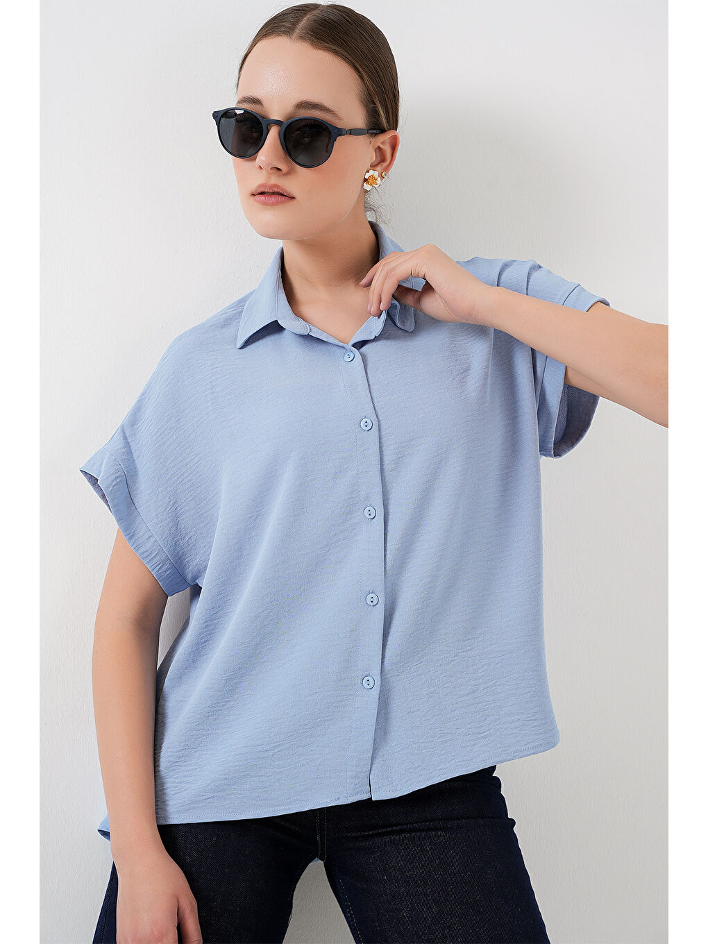 Kadın Oversize Kısa Kol Gömlek 20322 - Mavi-3