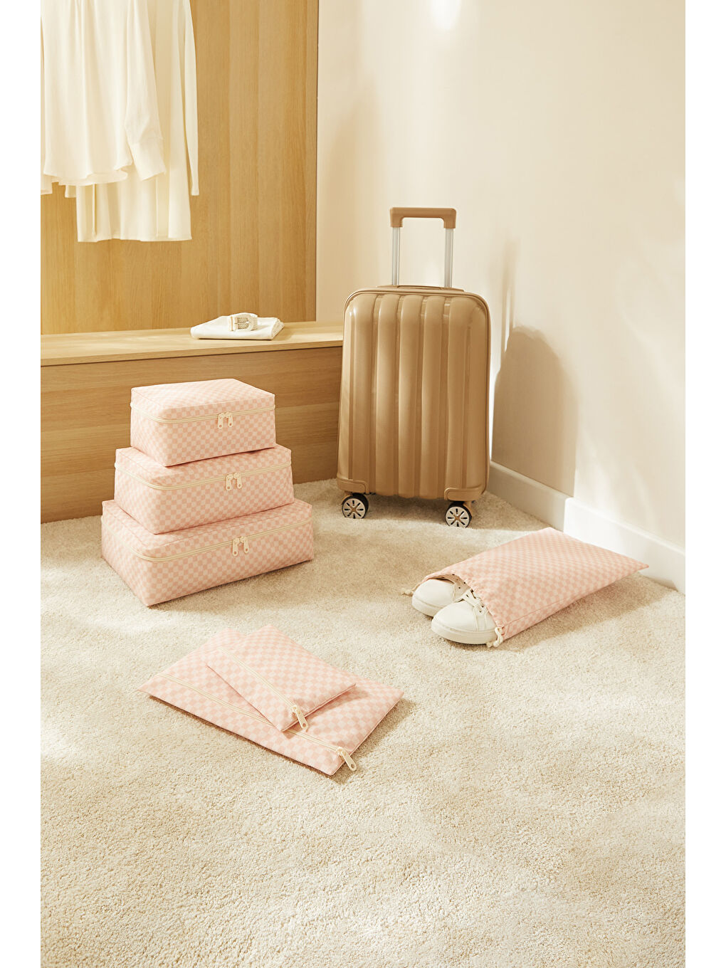 6'lı Pembe Dama Desen Pamuklu Bavul İçi Düzenleyici Set-3