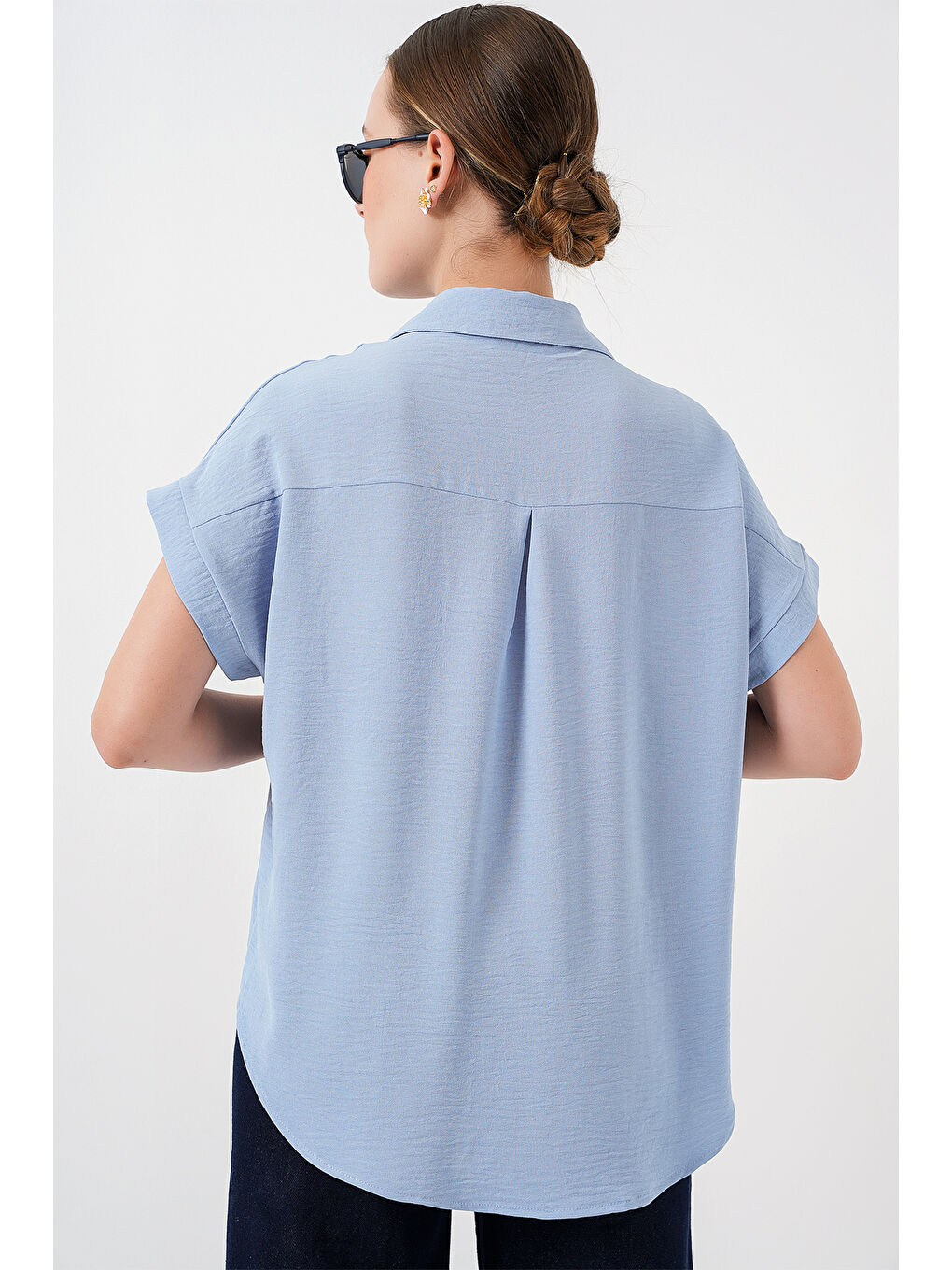 Kadın Oversize Kısa Kol Gömlek 20322 - Mavi-5