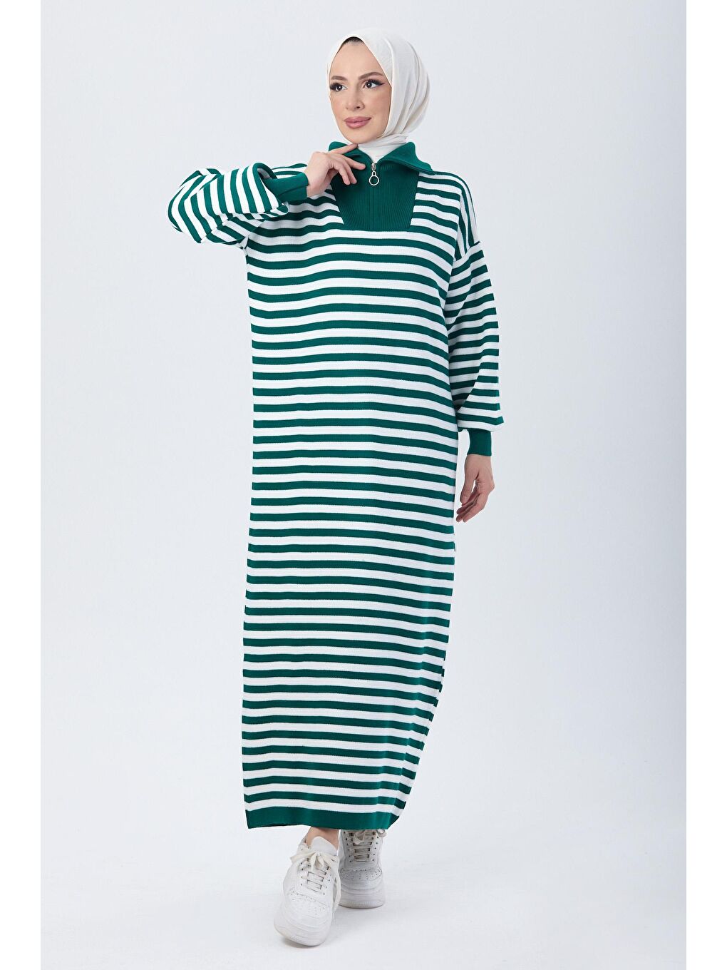 Boğazlı Yaka Kadın Yeşil Triko Elbise - 24121-1