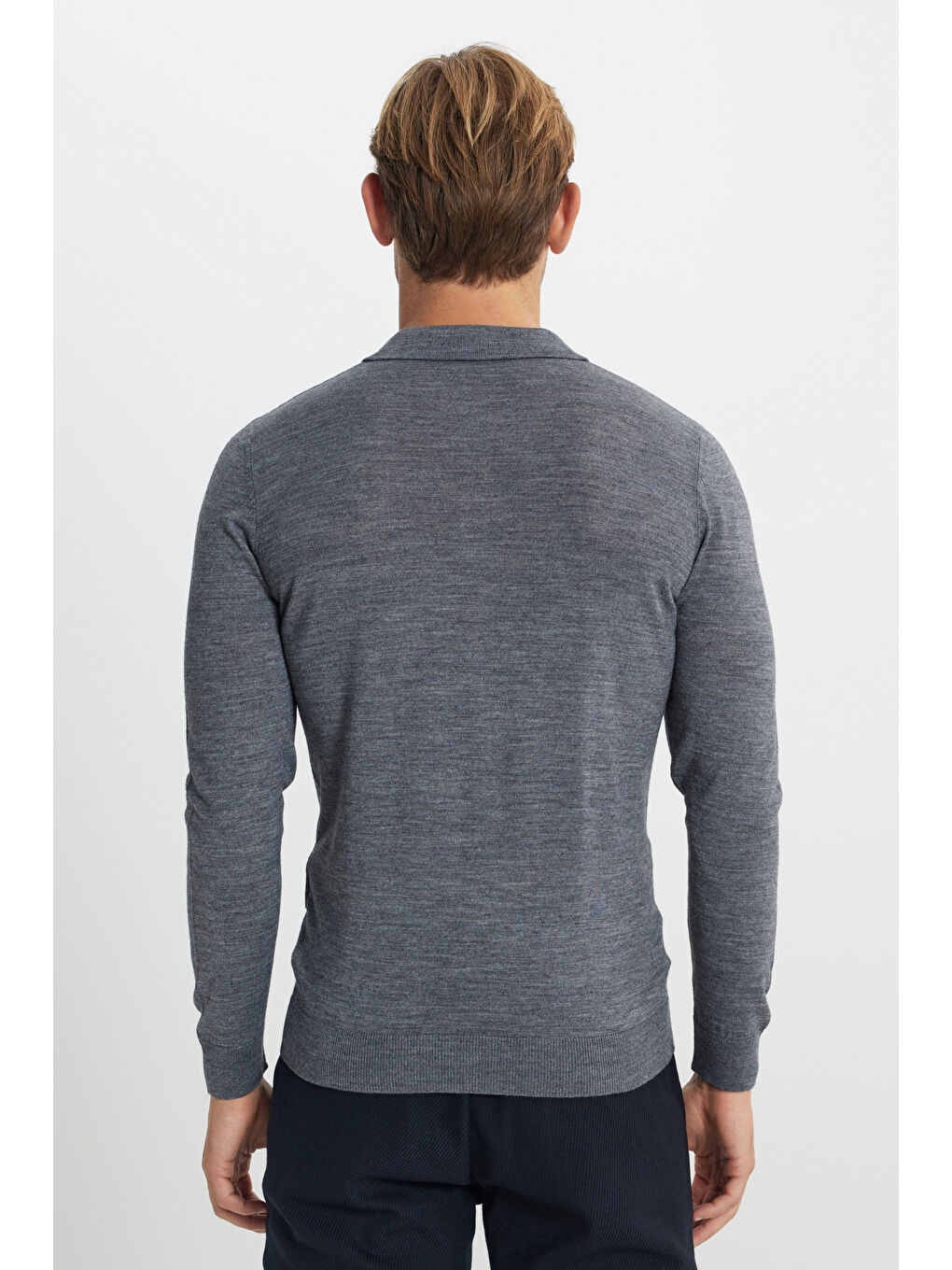 Erkek Gri Melanj Sıcak Tutan Yün Standart Fit Normal Kesim Polo Yaka Jakarlı Triko Kazak-4