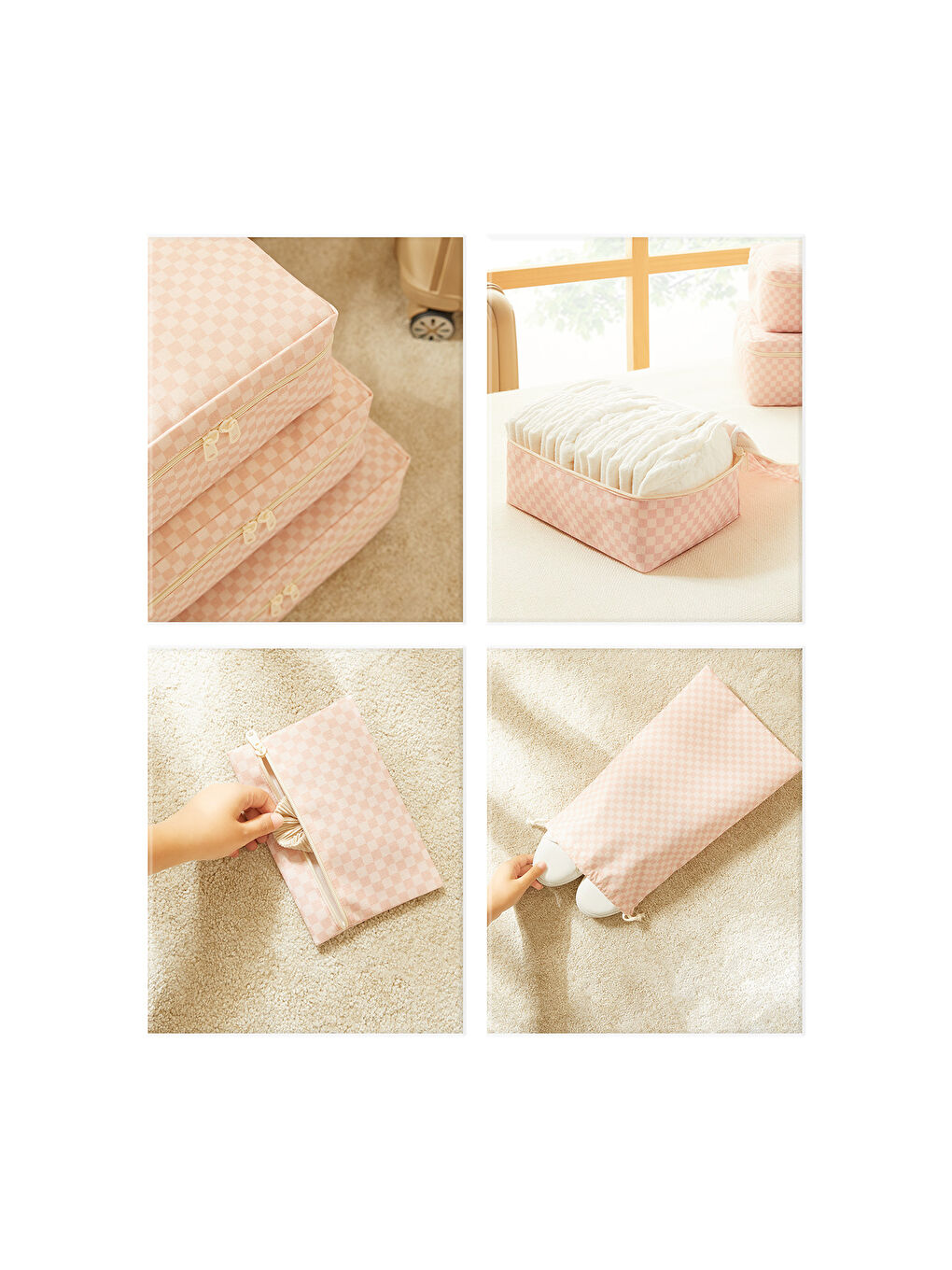 6'lı Pembe Dama Desen Pamuklu Bavul İçi Düzenleyici Set-4