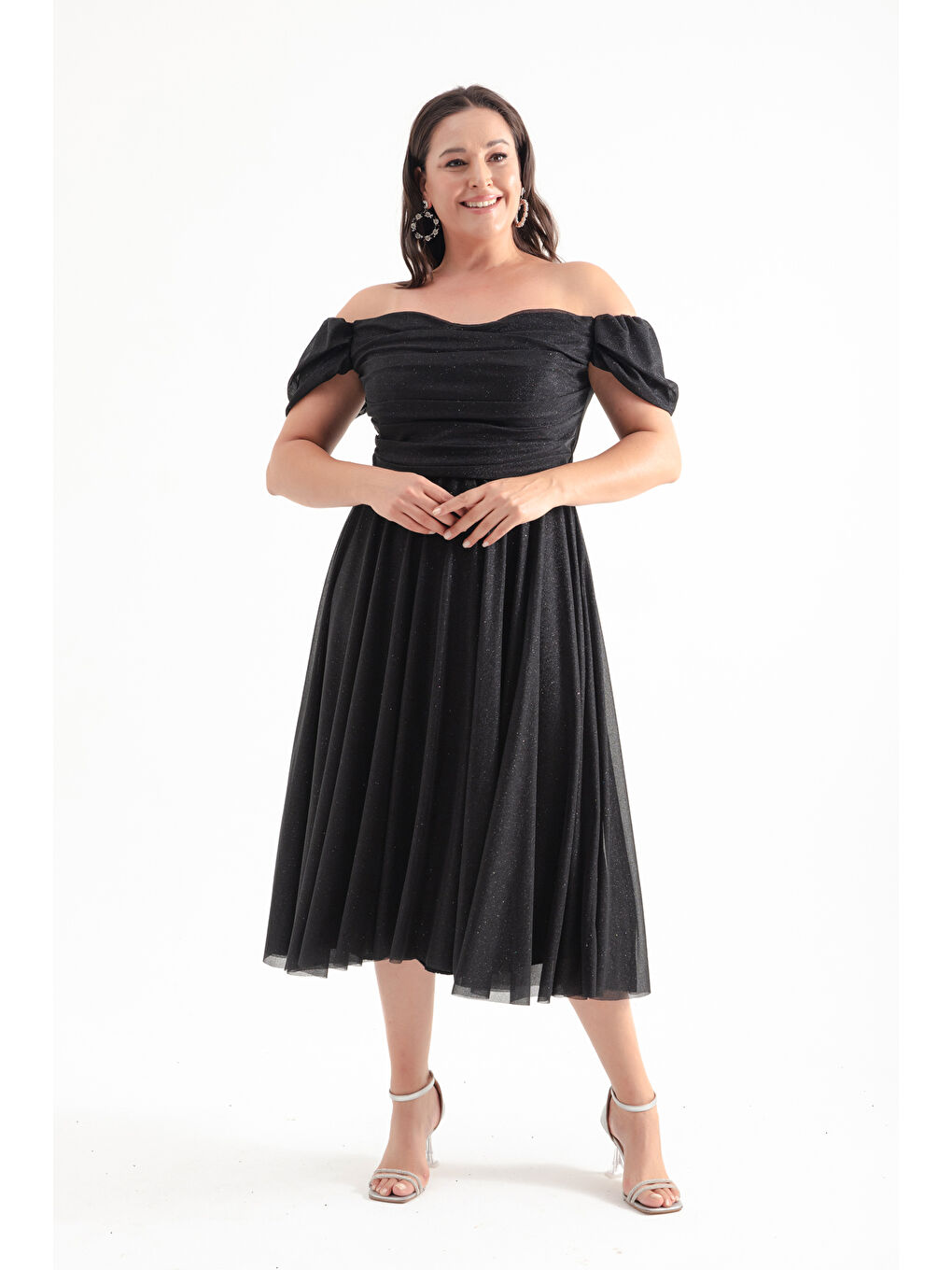 Kadın Siyah Kayık Yaka Drapeli Midi Kloş Büyük Beden Abiye Elbise-1