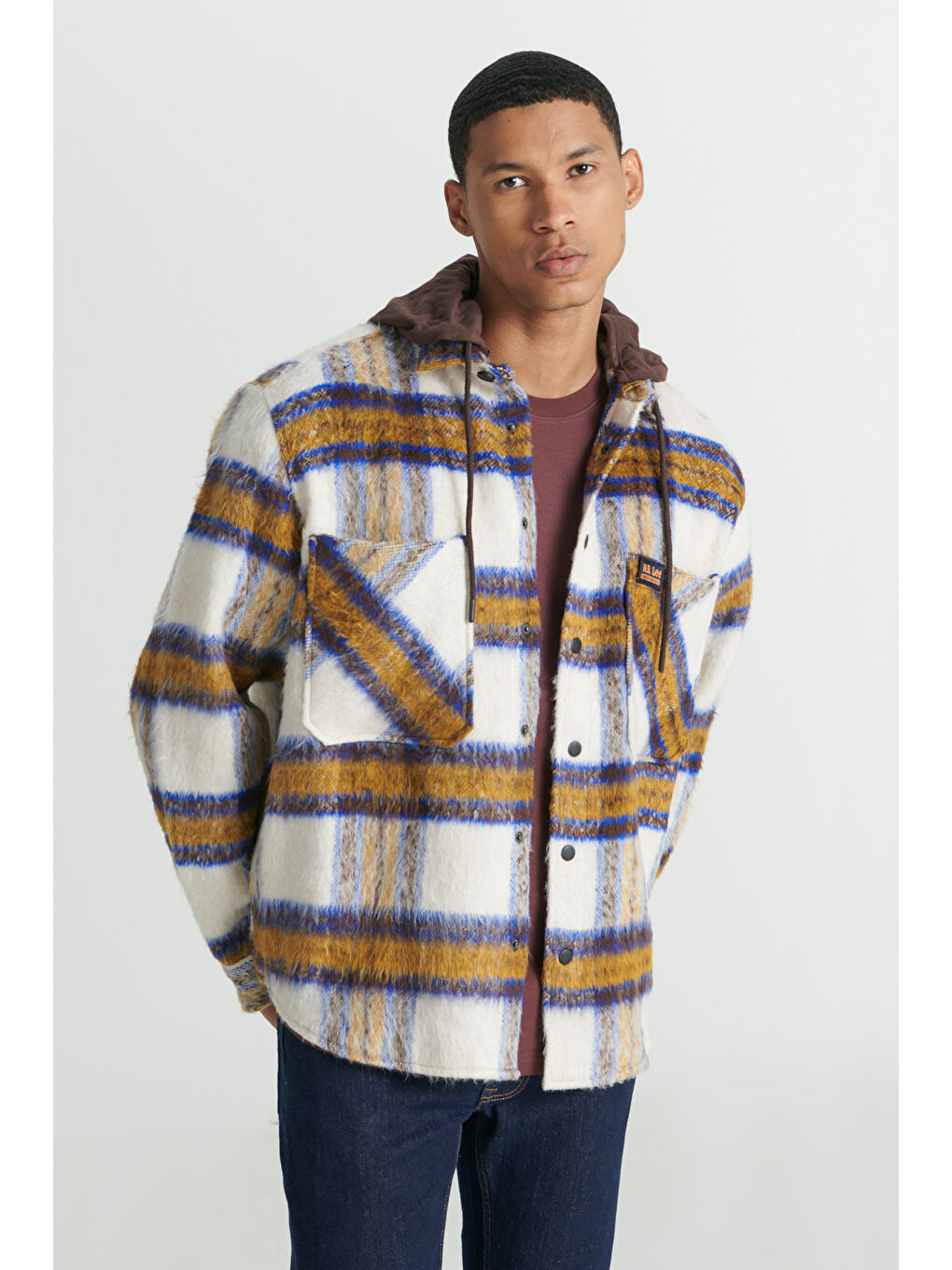 Karışık Loose Fit Rahat Kesim Kapüşonlu Çok Renkli Uzun Kollu Gömlek Ceket-1