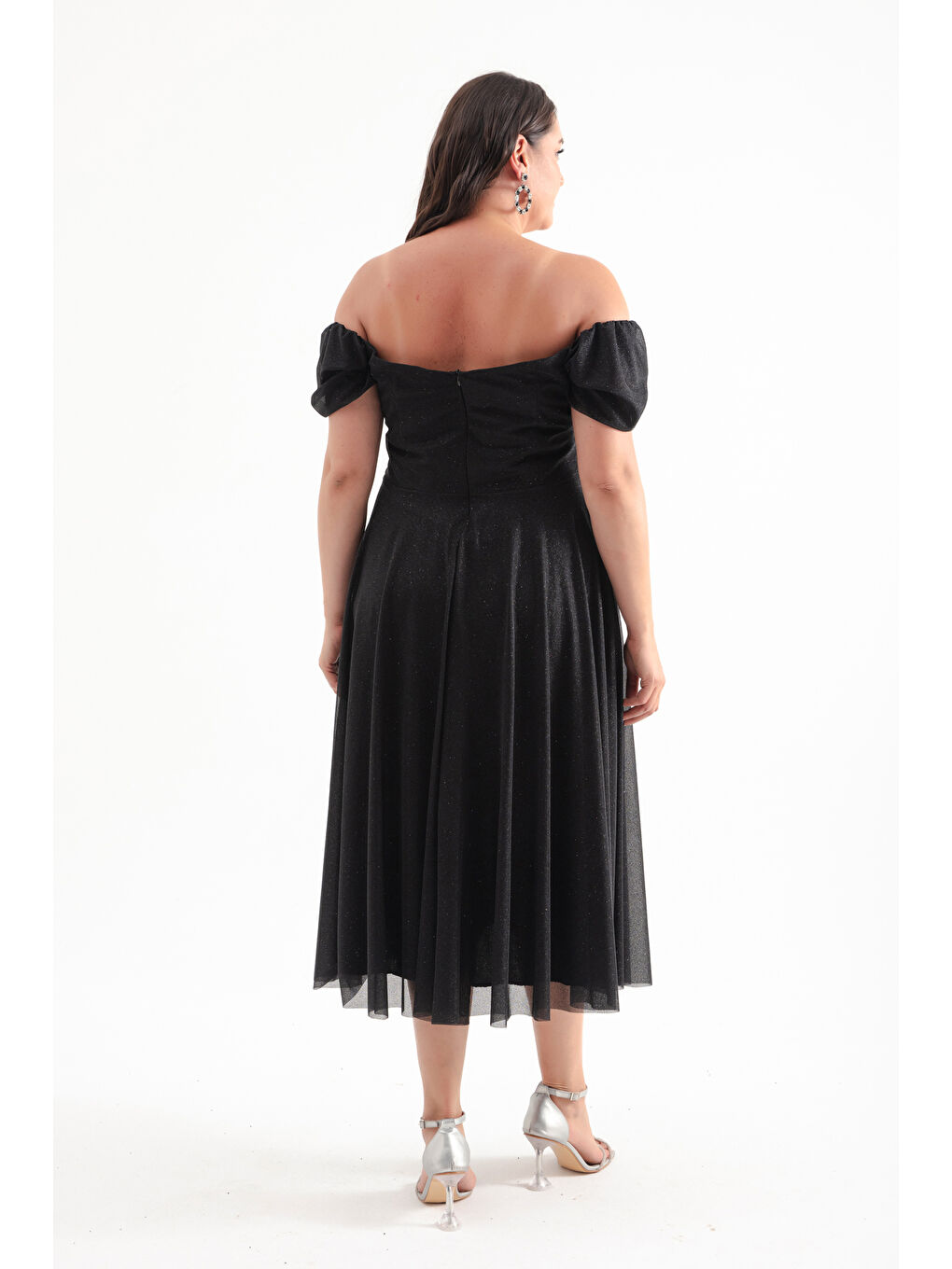 Kadın Siyah Kayık Yaka Drapeli Midi Kloş Büyük Beden Abiye Elbise-4