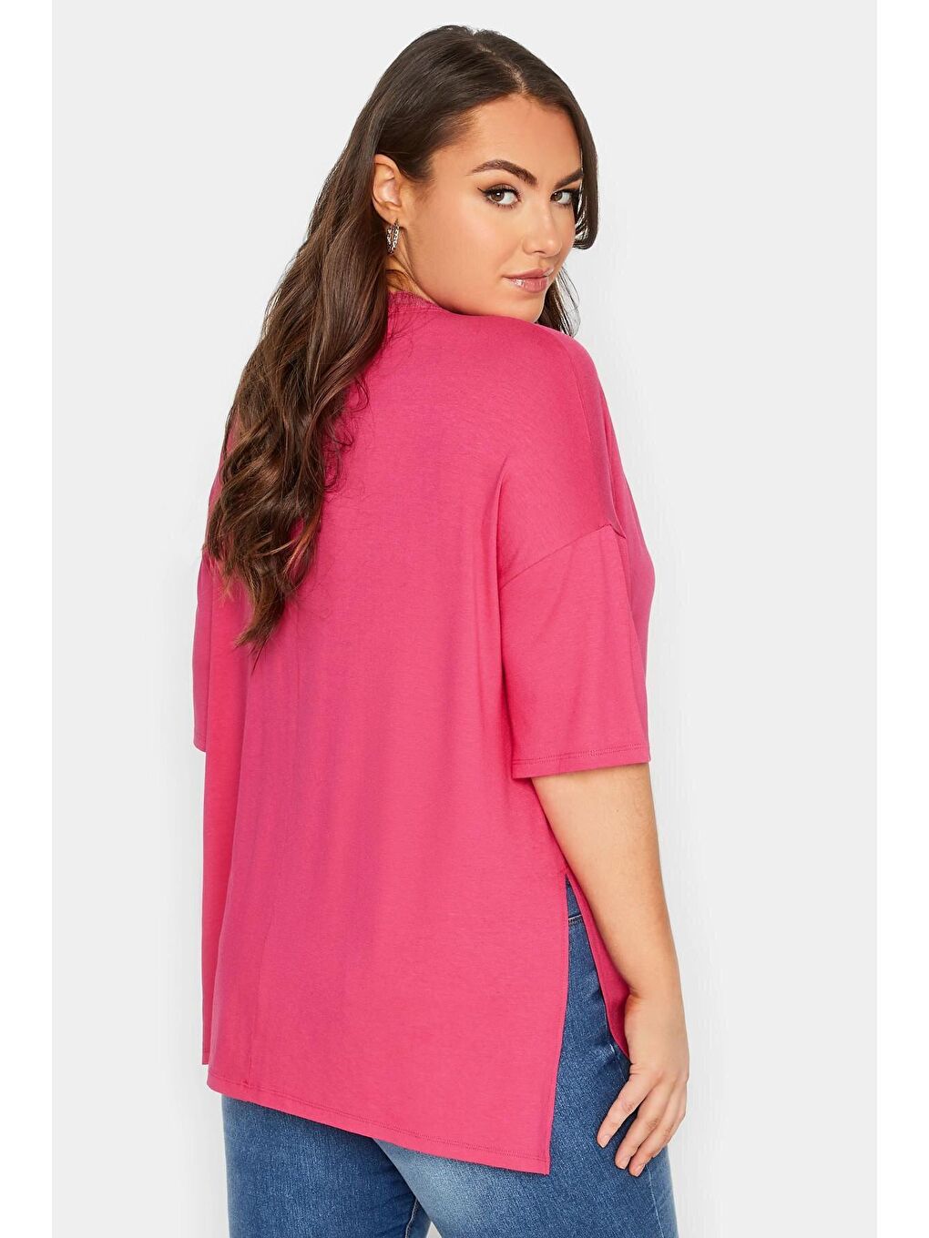 Pembe Büyük Beden V Yaka Dantel Detaylı Yırtmaçlı Elastanlı Bluz 301858-4
