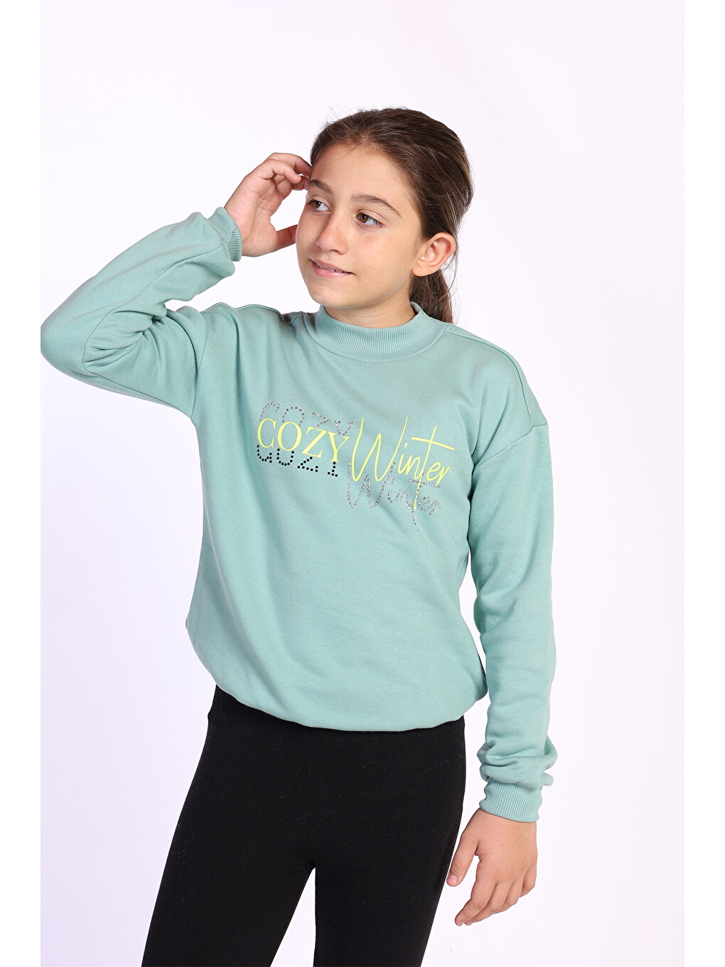 Yeşil Kız Çocuk Balıkçı Yaka İçi Pamuklu Sweatshirt