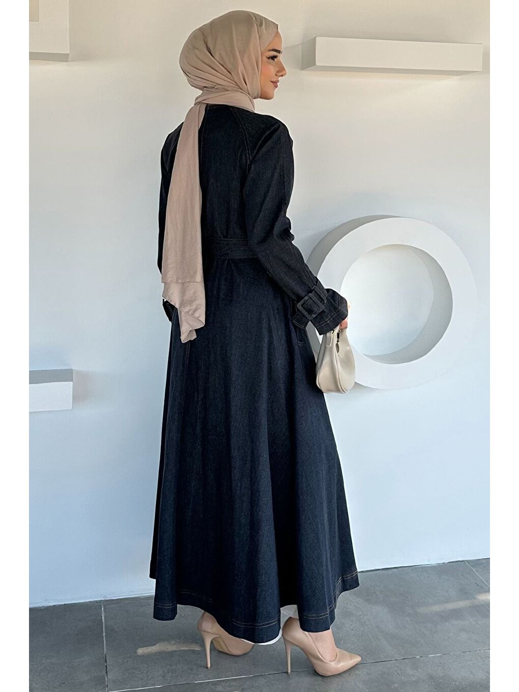 Lacivert Boydan Düğmeli Kemer Detaylı Çift Cepli Tesettür Jean Jean Elbise-3