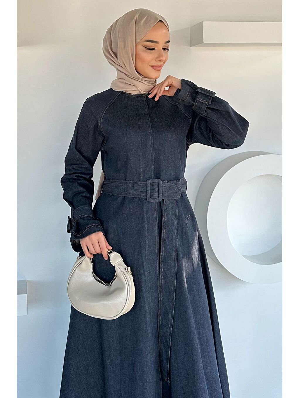 Lacivert Boydan Düğmeli Kemer Detaylı Çift Cepli Tesettür Jean Jean Elbise-5