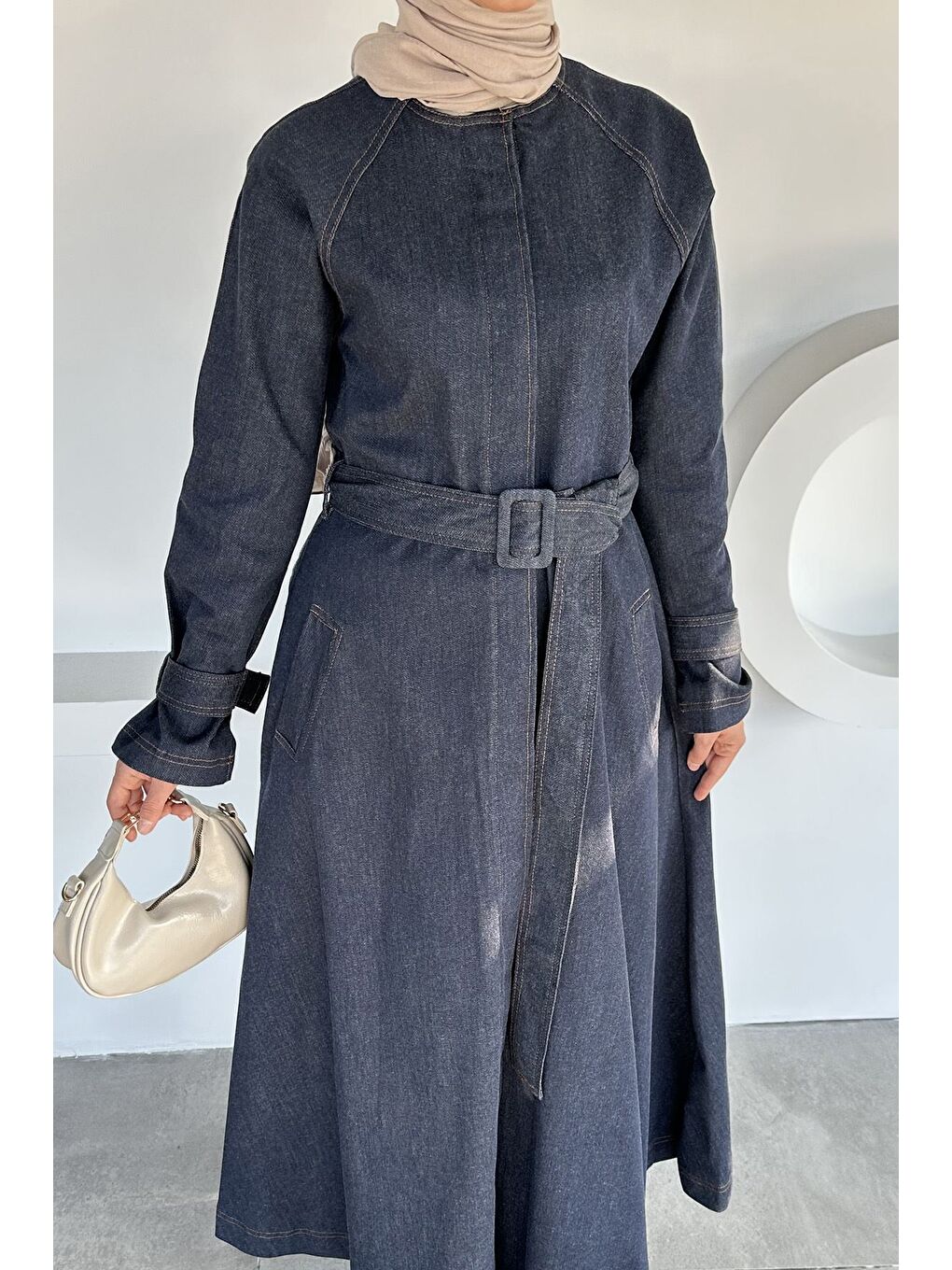 Lacivert Boydan Düğmeli Kemer Detaylı Çift Cepli Tesettür Jean Jean Elbise-6