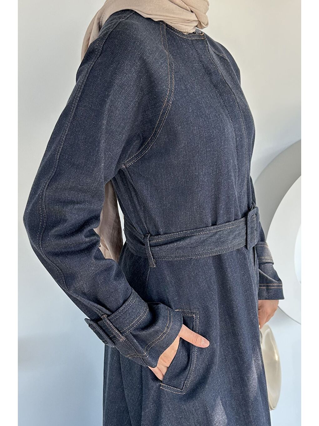 Lacivert Boydan Düğmeli Kemer Detaylı Çift Cepli Tesettür Jean Jean Elbise-9